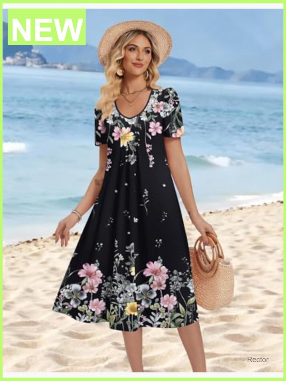 Women's Floral Midi Sundress with Pockets V Neck Short Sleeve Pleated A-Line - Picture 6 of 7